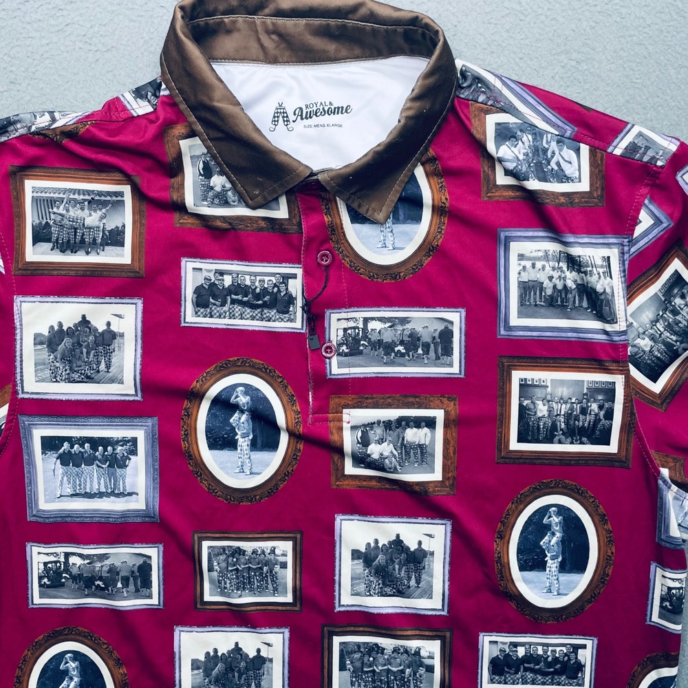 Royal & Awesome Men Polo Shirt‎ Polyester Spandex XL Vintage Golf Photo Print - Picture 2 of 10